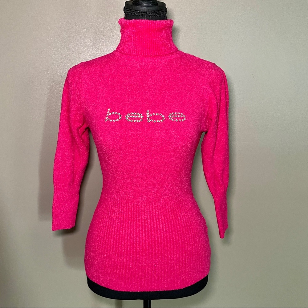 BEBE Hot Pink Rhinestone Logo Turtleneck Sweater Size S Y2K